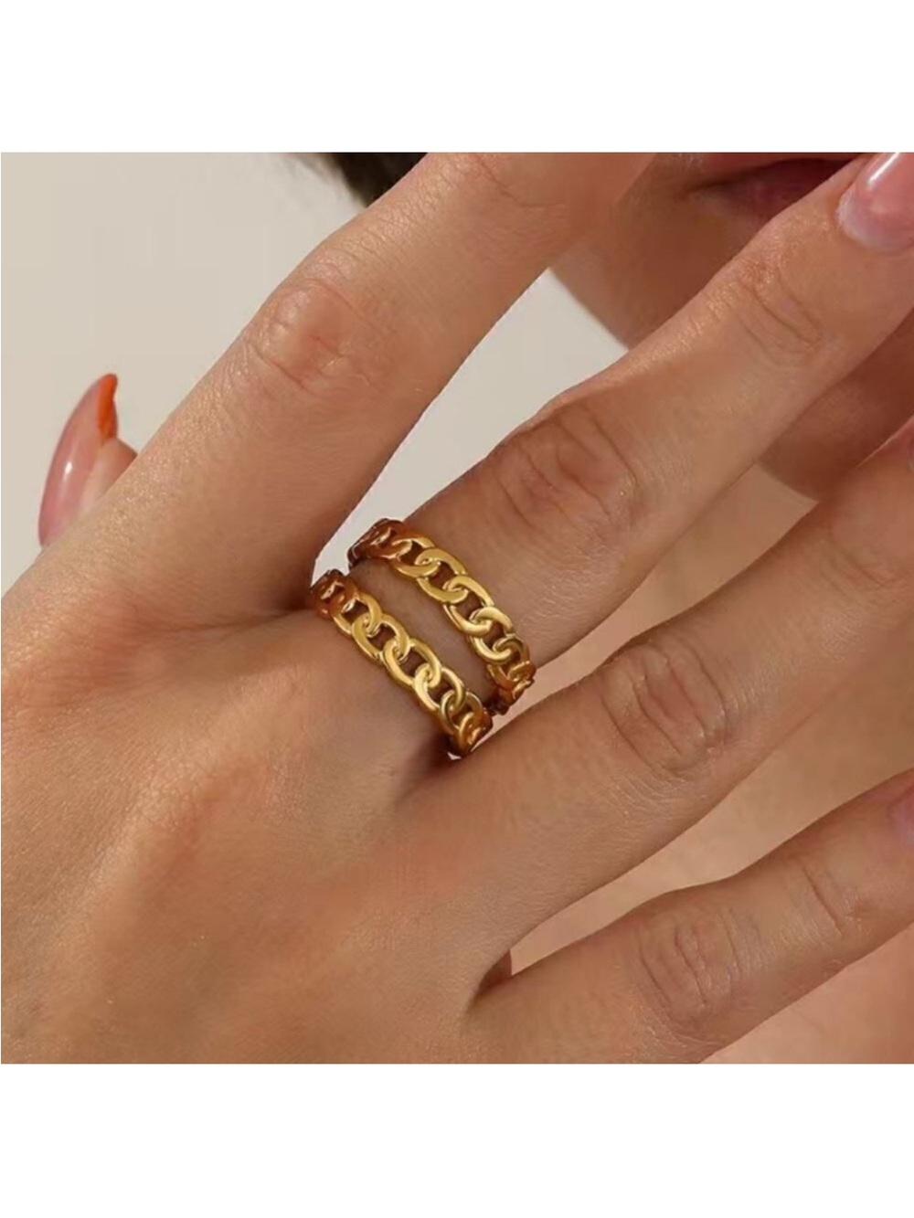 18K Gold Plated Chain Ring – Double Layer Adjustable Open Band, Stainless Steel